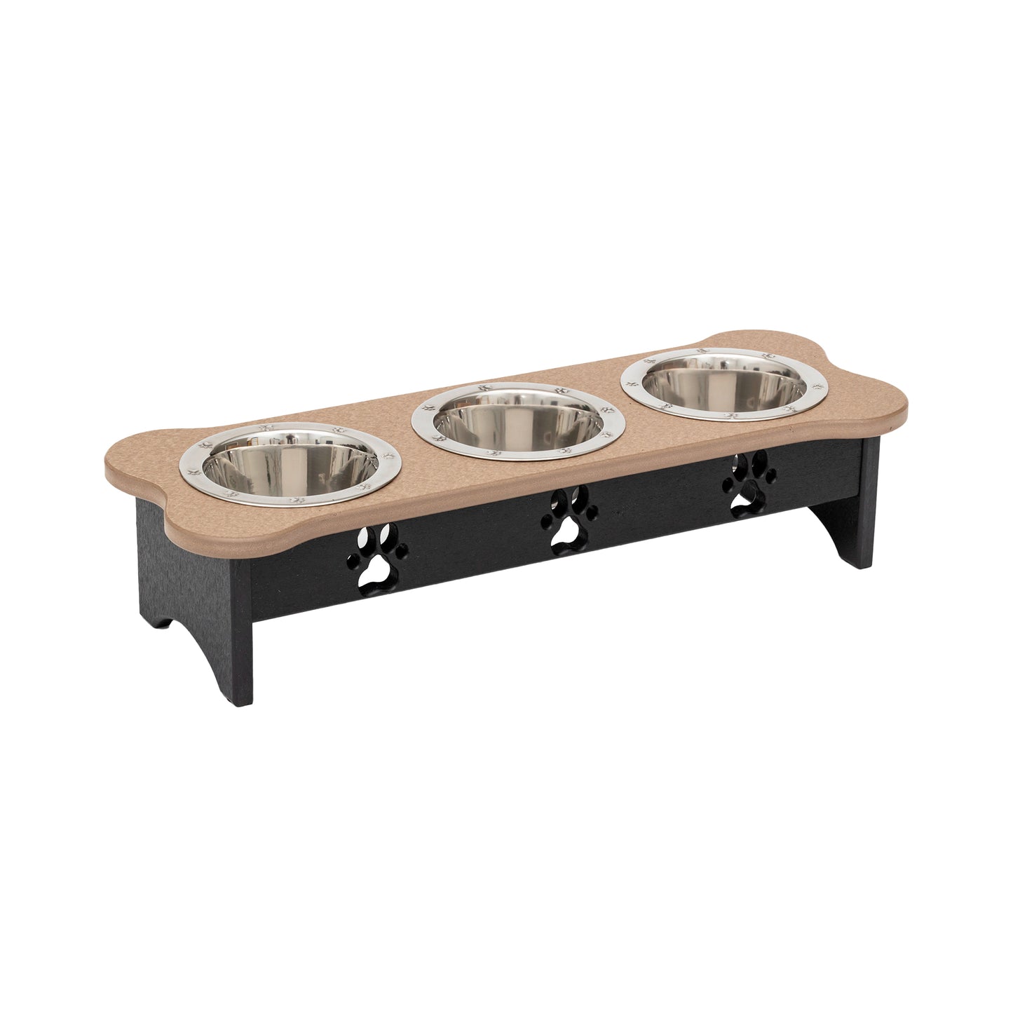 Three Bowl Dog Feeder - Poly Feeder__Color: Weather Wood / Black - Size: Medium