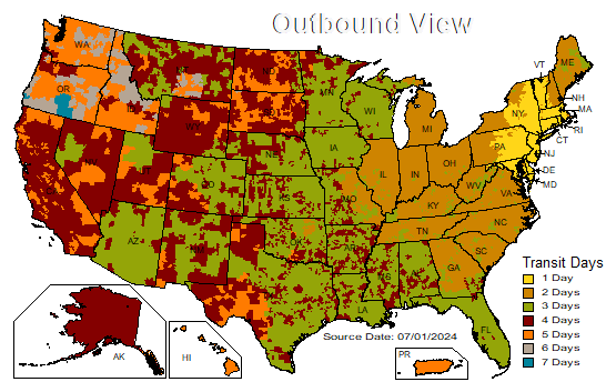 map of shipping transit days